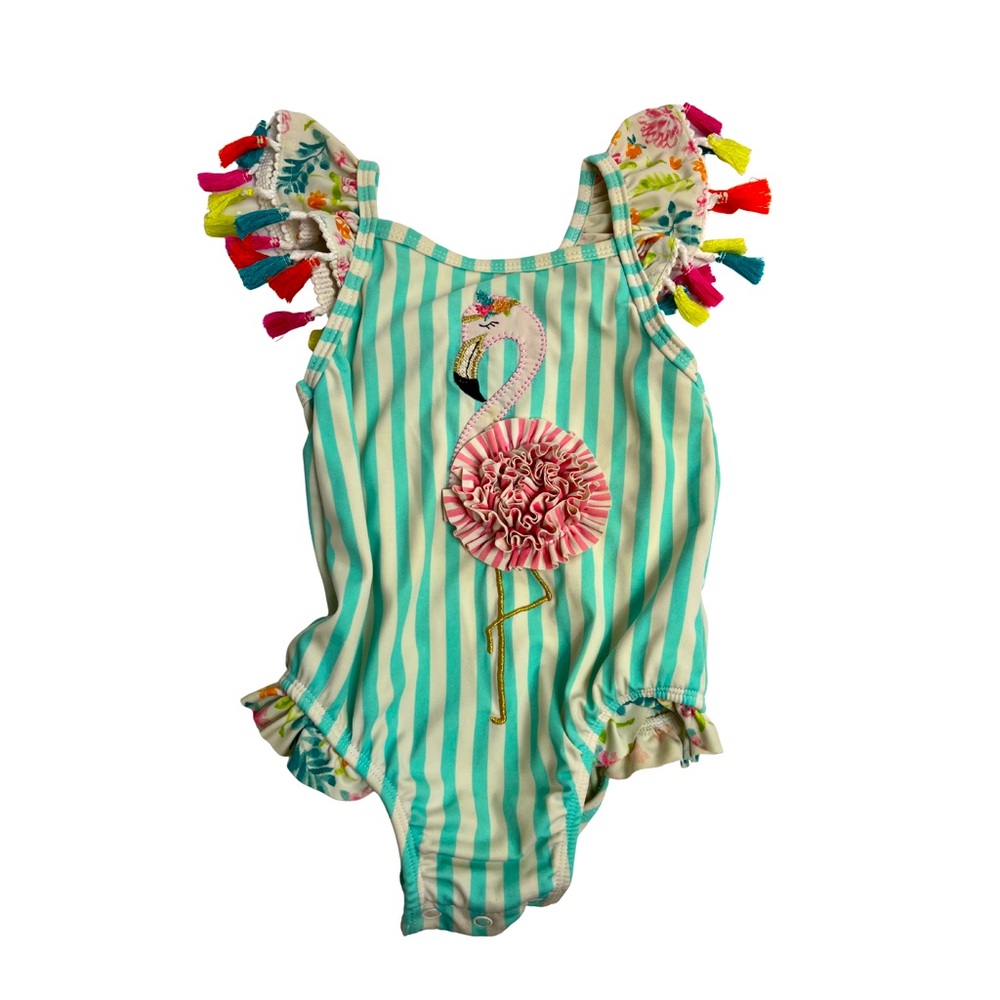 Mudpie Kids Baby Striped Flamingo Colorful Tassels Swimsuit